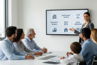 Real estate agent advising diverse buyers with clear service options