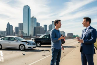 car accident lawyer speaking with an injured driver beside a damaged car on a busy highway