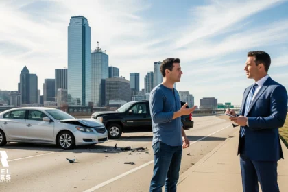 car accident lawyer speaking with an injured driver beside a damaged car on a busy highway