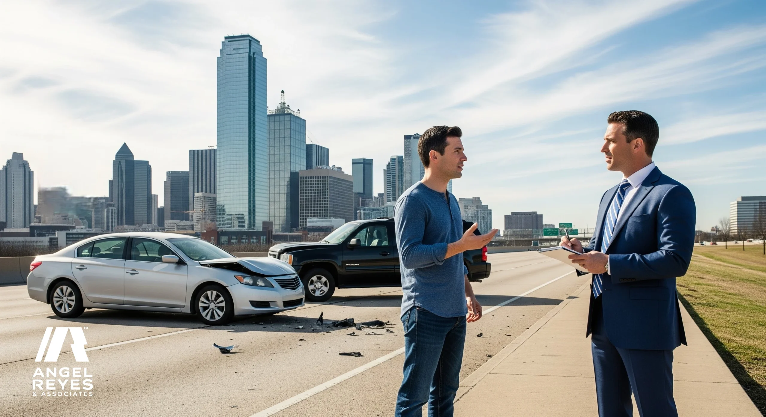 car accident lawyer speaking with an injured driver beside a damaged car on a busy highway