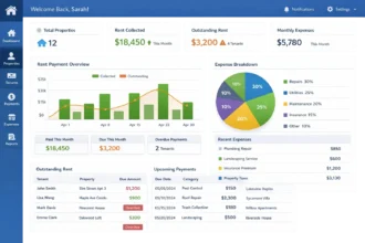 Property management software dashboard tracking rent payments and expenses