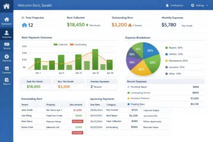 Property management software dashboard tracking rent payments and expenses