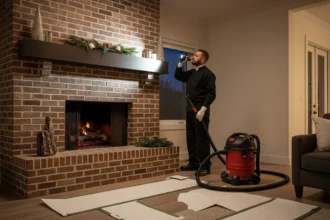 Chimney technician inspecting a clean fireplace in a Dallas living room
