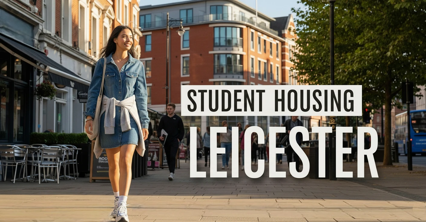 Students walking along a Leicester street near campus with cafés and student apartments in the background