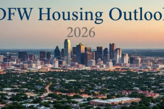 Dallas Fort Worth skyline with suburban rooftops and housing market data overlay for a 2026 DFW housing outlook