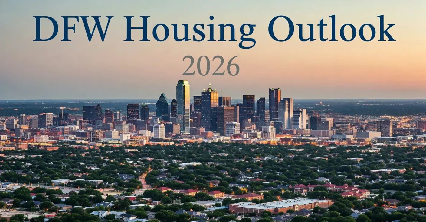 Dallas Fort Worth skyline with suburban rooftops and housing market data overlay for a 2026 DFW housing outlook