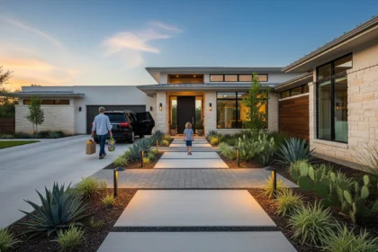 A home with a smooth driveway and lit walkway leading to a covered front entry at sunset