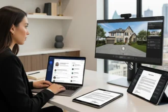 Dallas residential agent using AI CRM, 3D tours, and e-signature tools in a modern office