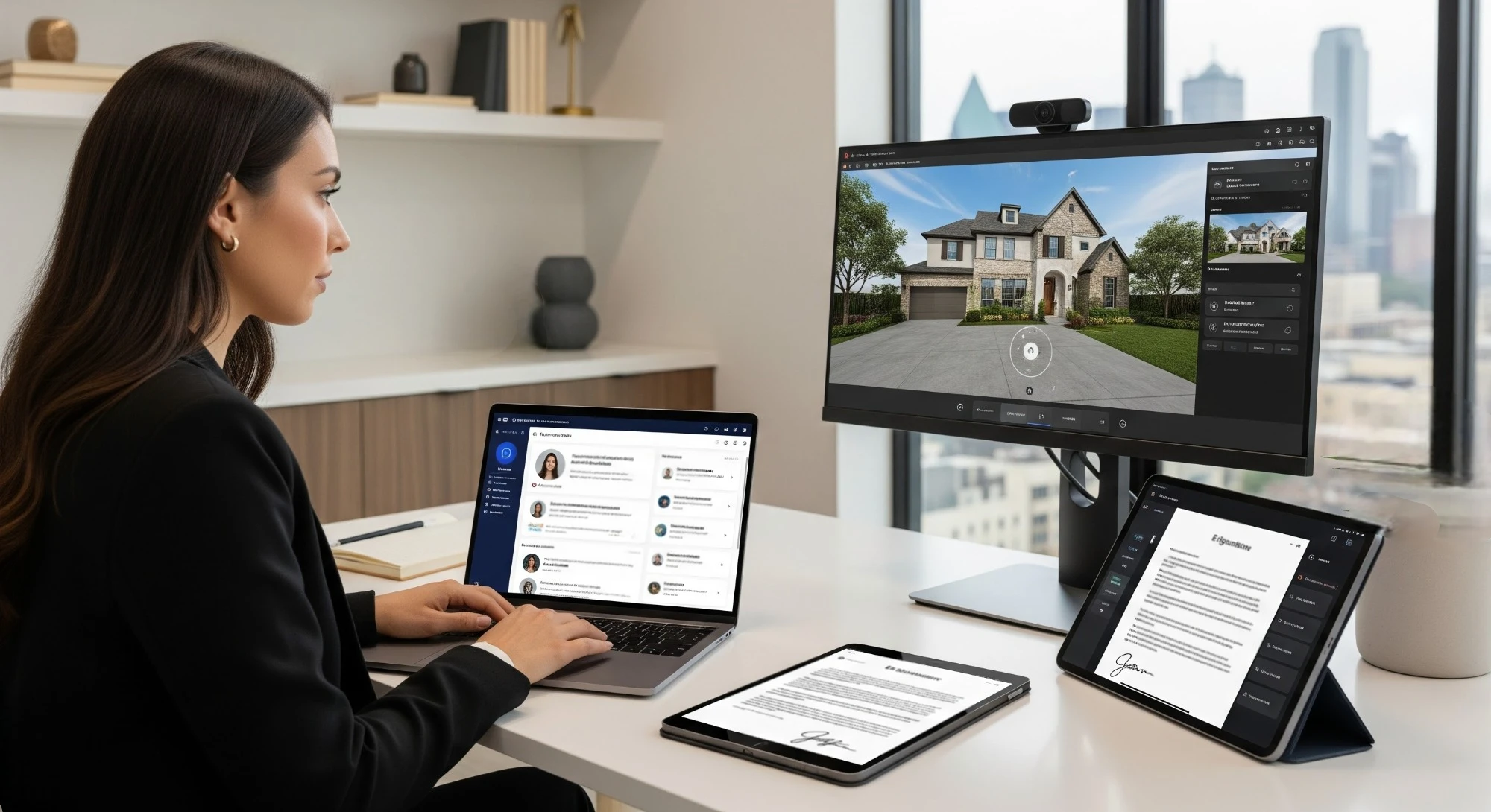 Dallas residential agent using AI CRM, 3D tours, and e-signature tools in a modern office