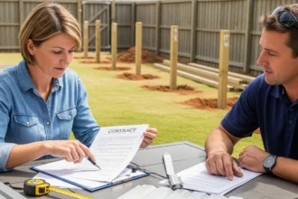 Homeowner reviewing fence contractor checklist for licensing and warranty