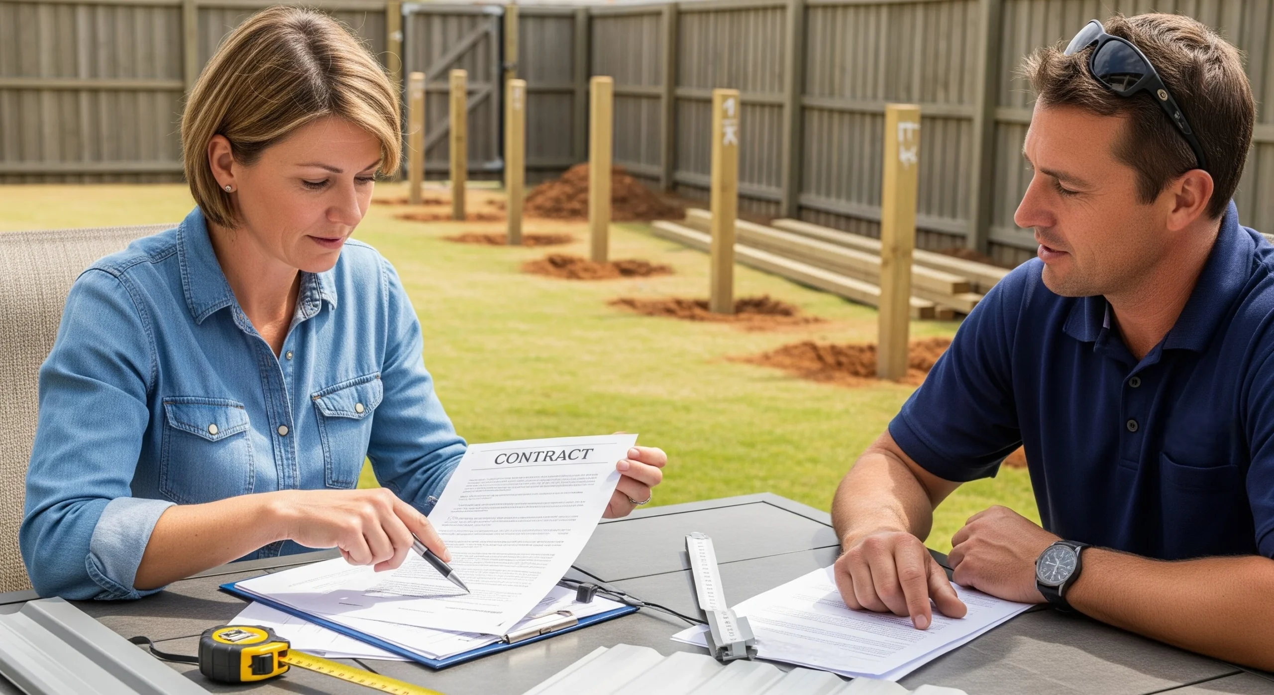 Homeowner reviewing fence contractor checklist for licensing and warranty