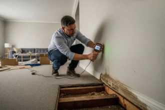 Building inspector using a moisture meter on a flooded Melbourne living room wall with visible waterline and exposed subfloor.
