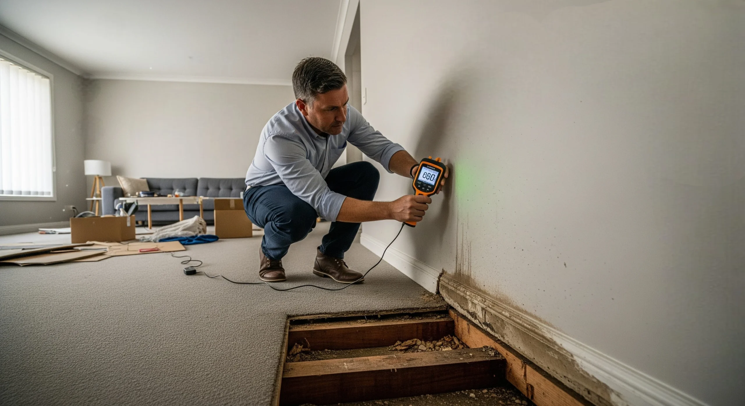 Building inspector using a moisture meter on a flooded Melbourne living room wall with visible waterline and exposed subfloor.