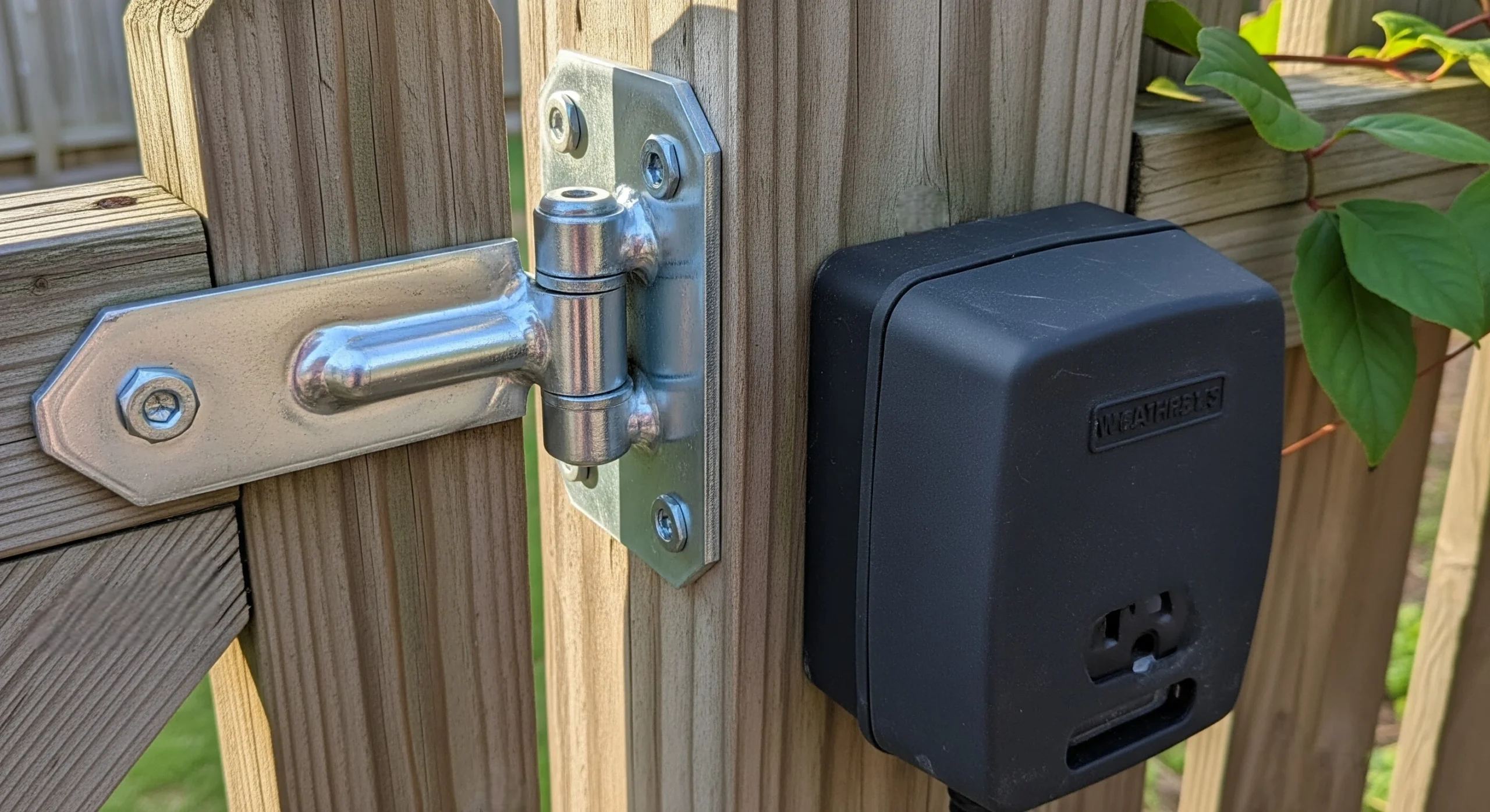 Repaired metal gate hinge and covered outdoor outlet for safer backyard use.