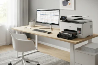HP inkjet printer on a clean home office desk with the print head area in focus.