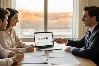 couple reviewing mortgage documents with a broker at a living room table