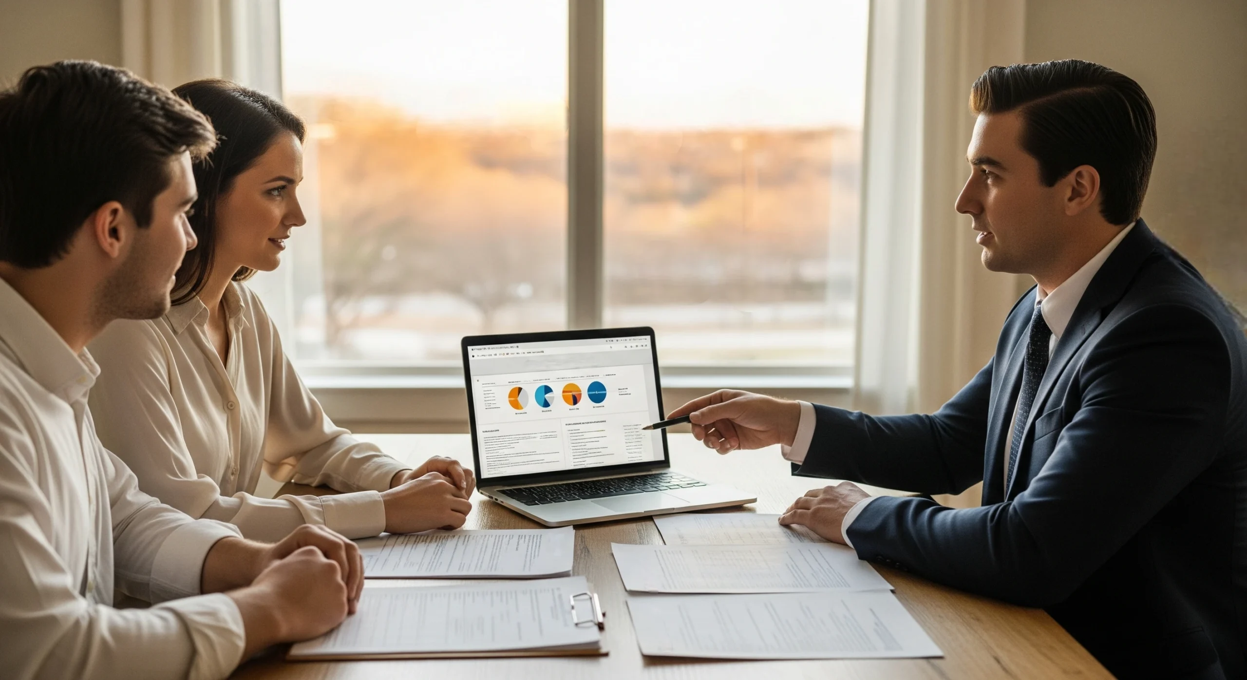 couple reviewing mortgage documents with a broker at a living room table