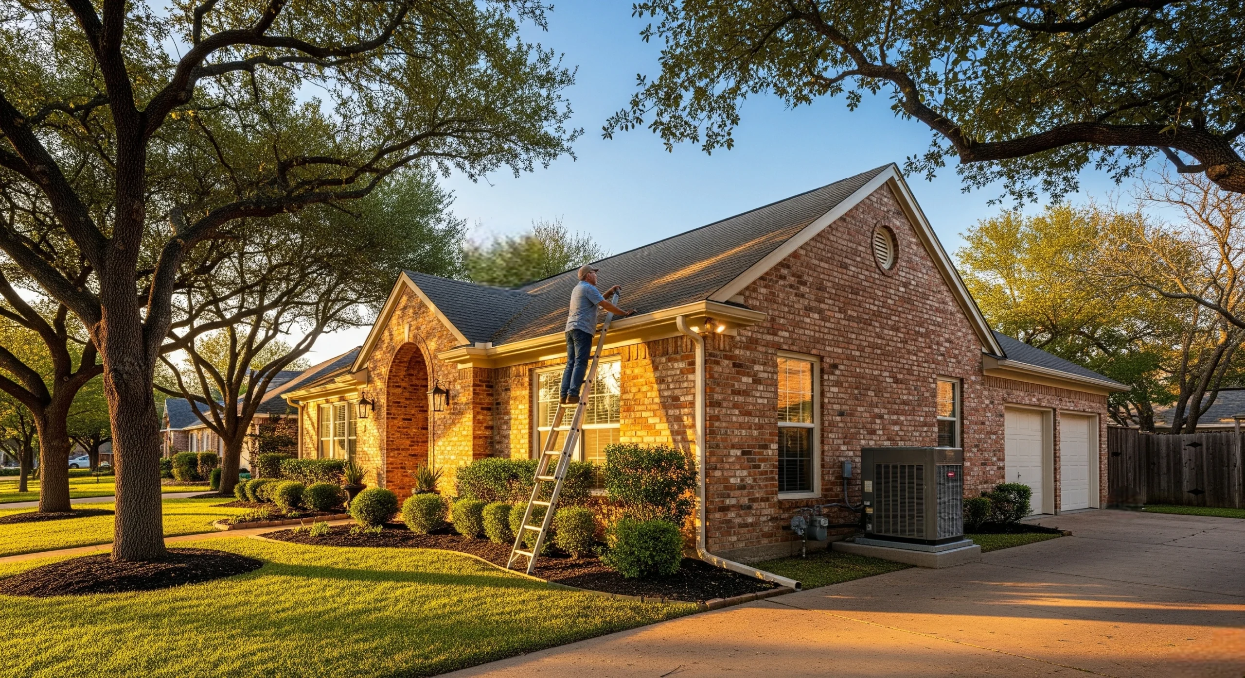 homeowner on a ladder inspecting roof and gutters outside a brick house at sunset