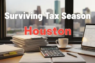 Houston skyline with organized tax paperwork, calculator, and laptop on a home office desk