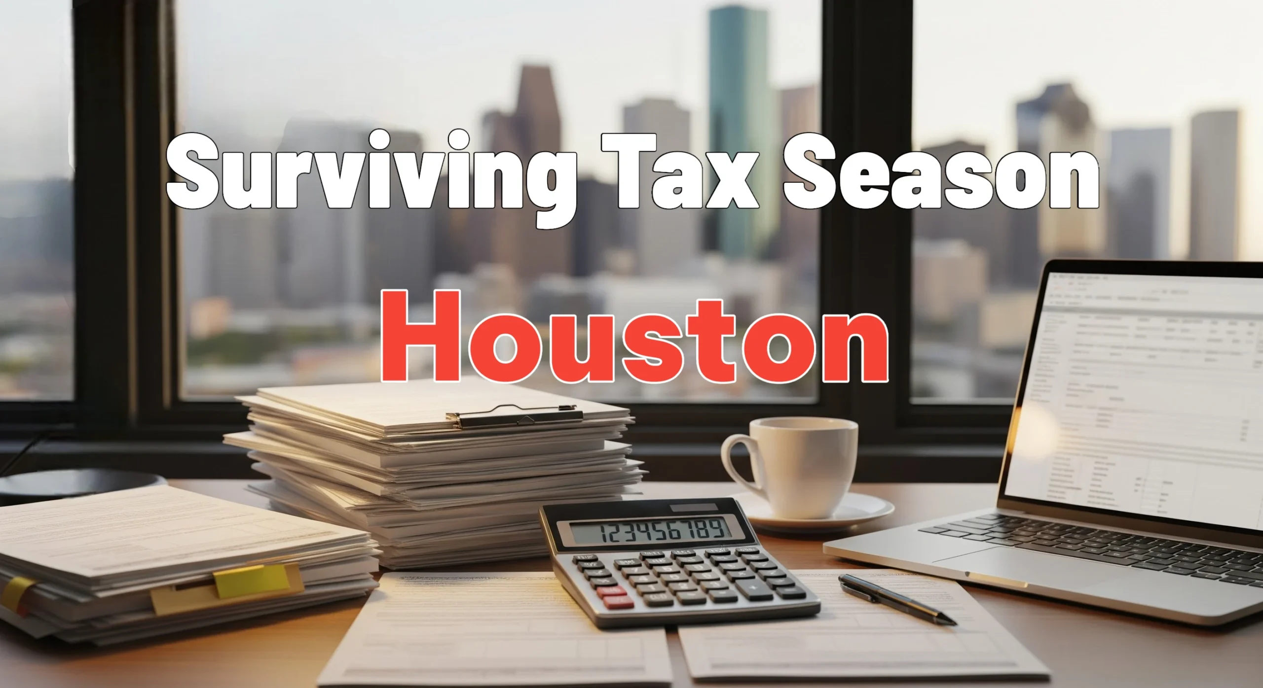 Houston skyline with organized tax paperwork, calculator, and laptop on a home office desk