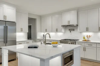 Updated Dallas kitchen with white cabinets, quartz waterfall island, and layered LED lighting staged for resale.
