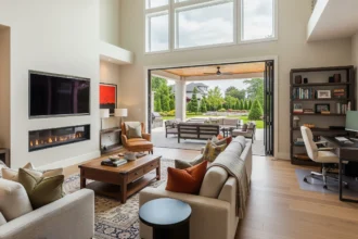 Luxury home in Essex County, NJ at sunset with large windows and manicured landscaping.