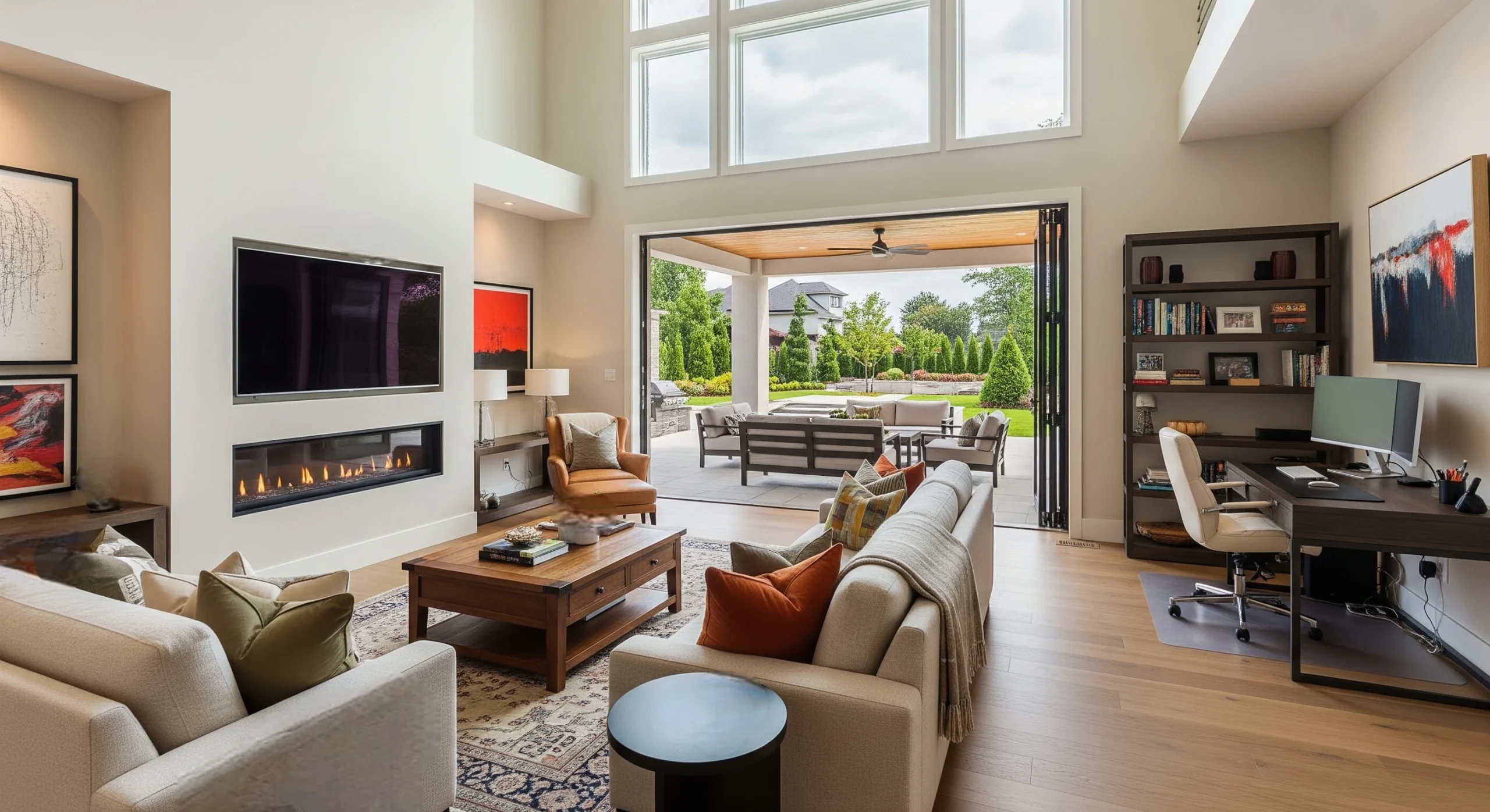 Luxury home in Essex County, NJ at sunset with large windows and manicured landscaping.