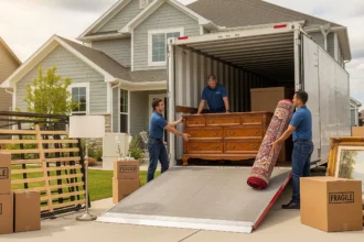 Furniture and personal items being moved into a storage pod