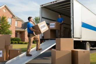 Professional movers loading labeled boxes into a long-distance moving truck outside a suburban home