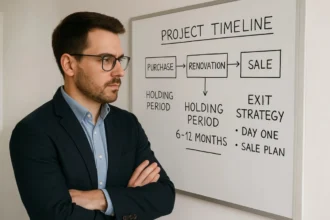 Real estate investor outlining buy, rehab, rent, and refinance steps on a whiteboard.