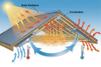 Diagram of heat transfer and airflow under a metal roof