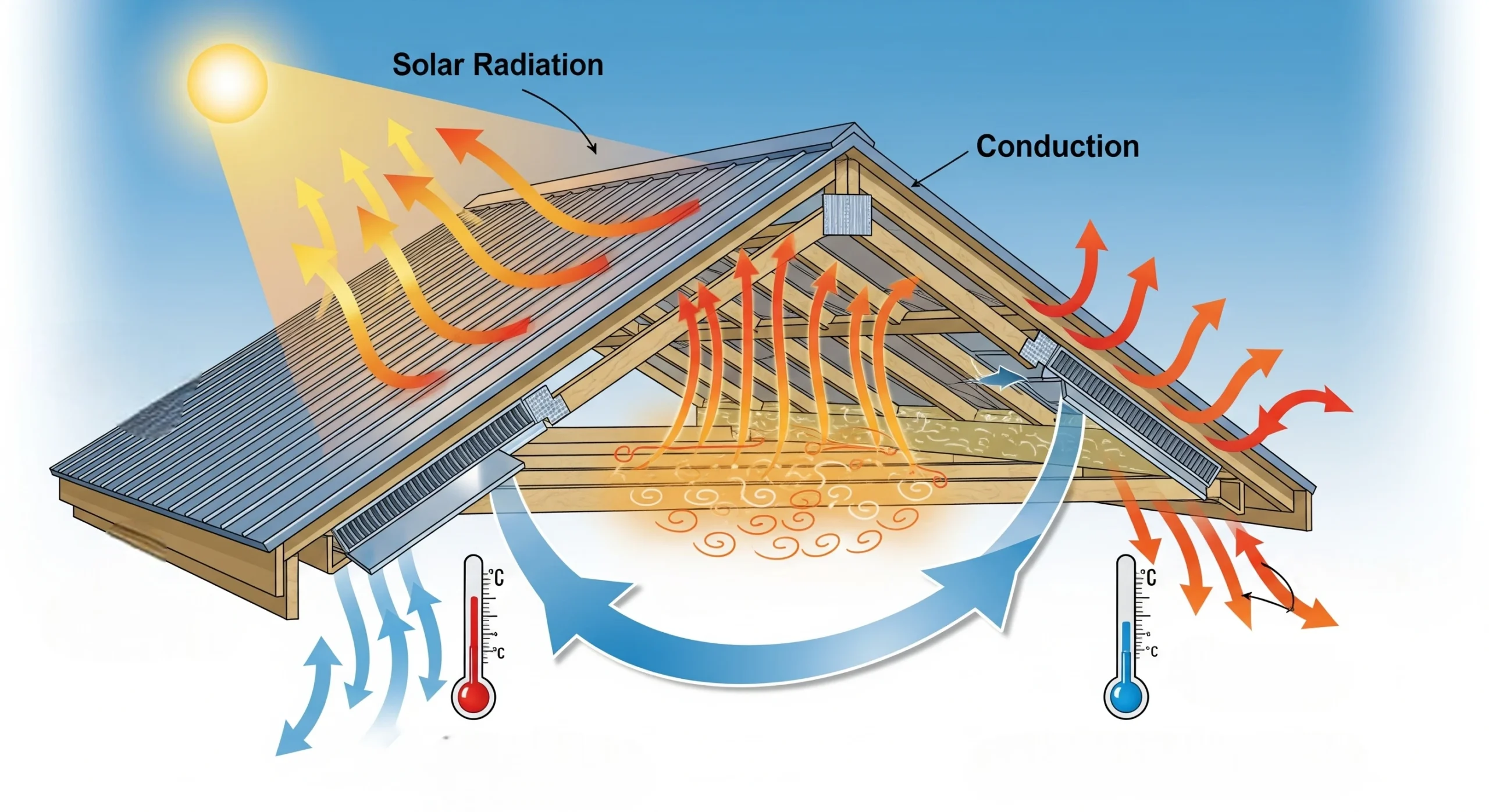Diagram of heat transfer and airflow under a metal roof