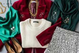 Flat lay of velvet knit satin and sequin holiday clothing