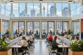 Modern Sydney coworking space with open plan desks, glass meeting rooms, and city skyline views.