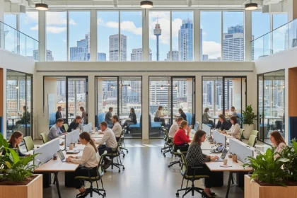 Modern Sydney coworking space with open plan desks, glass meeting rooms, and city skyline views.