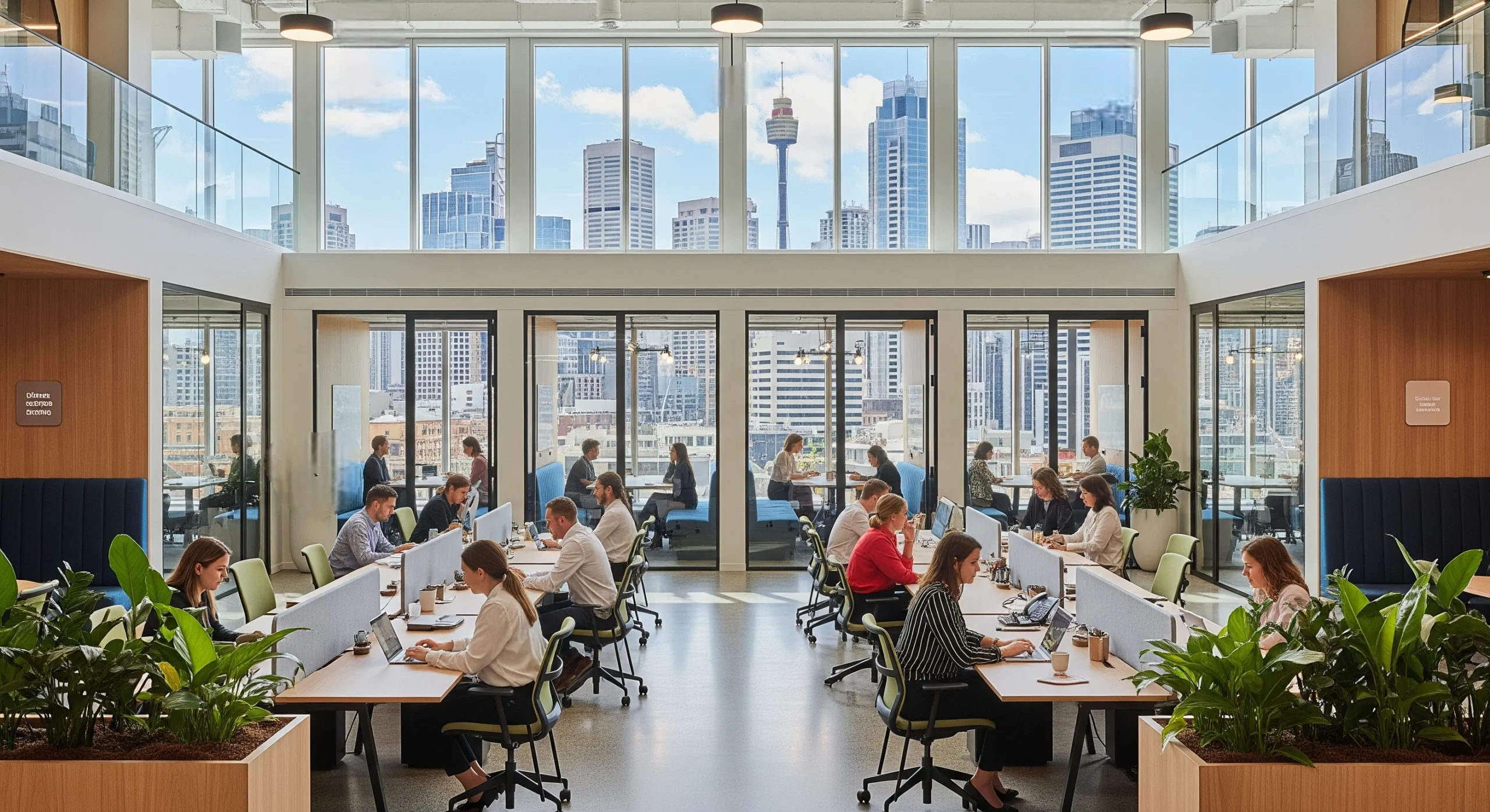 Modern Sydney coworking space with open plan desks, glass meeting rooms, and city skyline views.