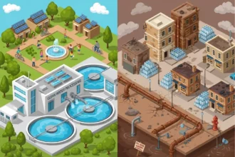 The project under construction with unfinished utility trenches between new homes