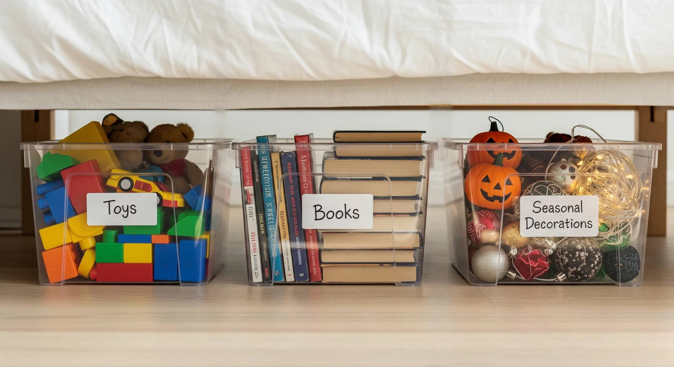 Underbed storage bins holding toys, books, and seasonal decorations