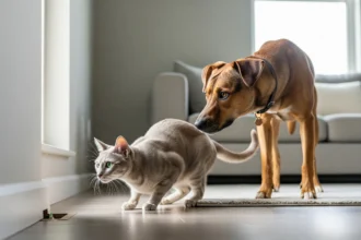 Dog and cat staring at a baseboard in a bright living room as if sensing pests.