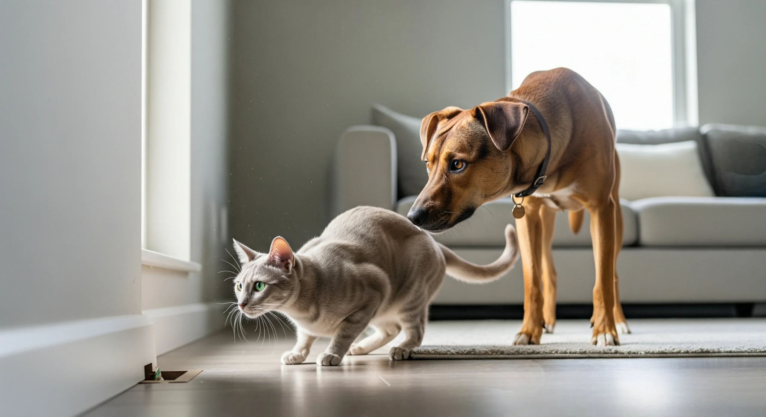 Dog and cat staring at a baseboard in a bright living room as if sensing pests.