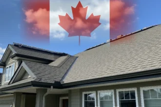 Roof upgrades on a Canada home showing ridge vent, shingles, drip edge, and seamless gutters