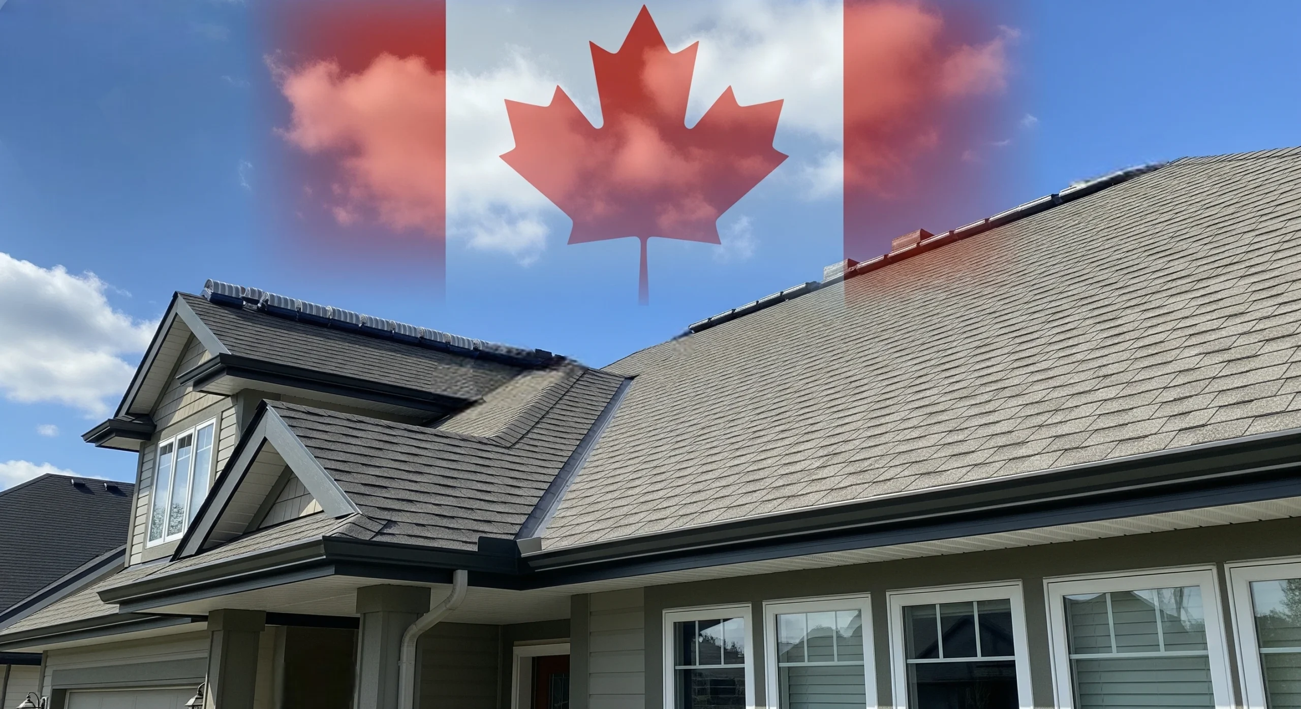Roof upgrades on a Canada home showing ridge vent, shingles, drip edge, and seamless gutters