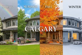 Four-season Calgary home exterior showing spring, summer, fall, and winter real estate timing