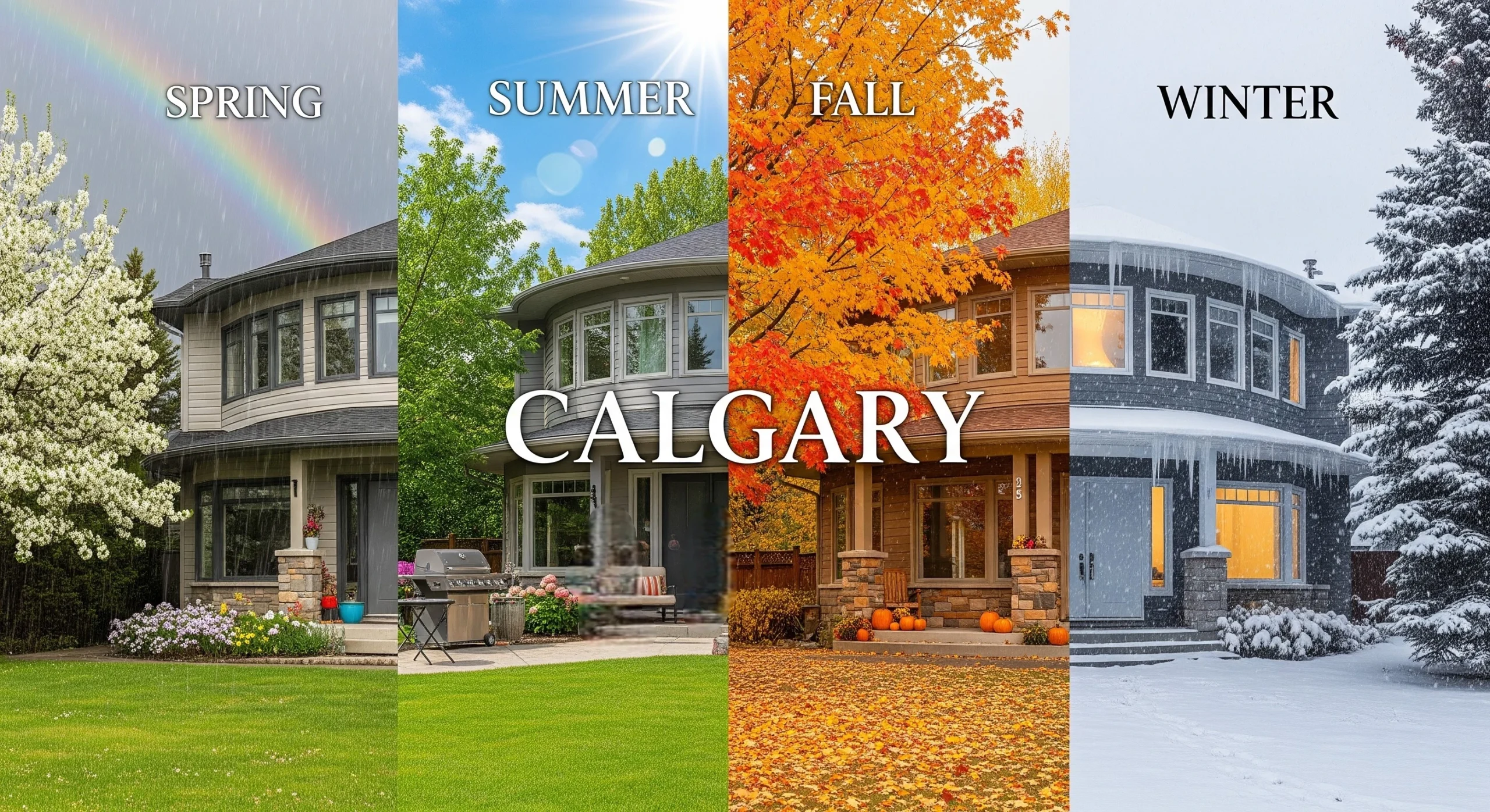 Four-season Calgary home exterior showing spring, summer, fall, and winter real estate timing
