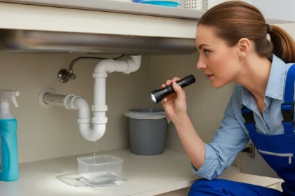 Homeowner inspecting under-sink plumbing with a flashlight to spot early drainage issues