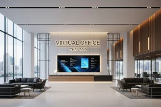 Modern corporate virtual office lobby in Bangkok with business signage