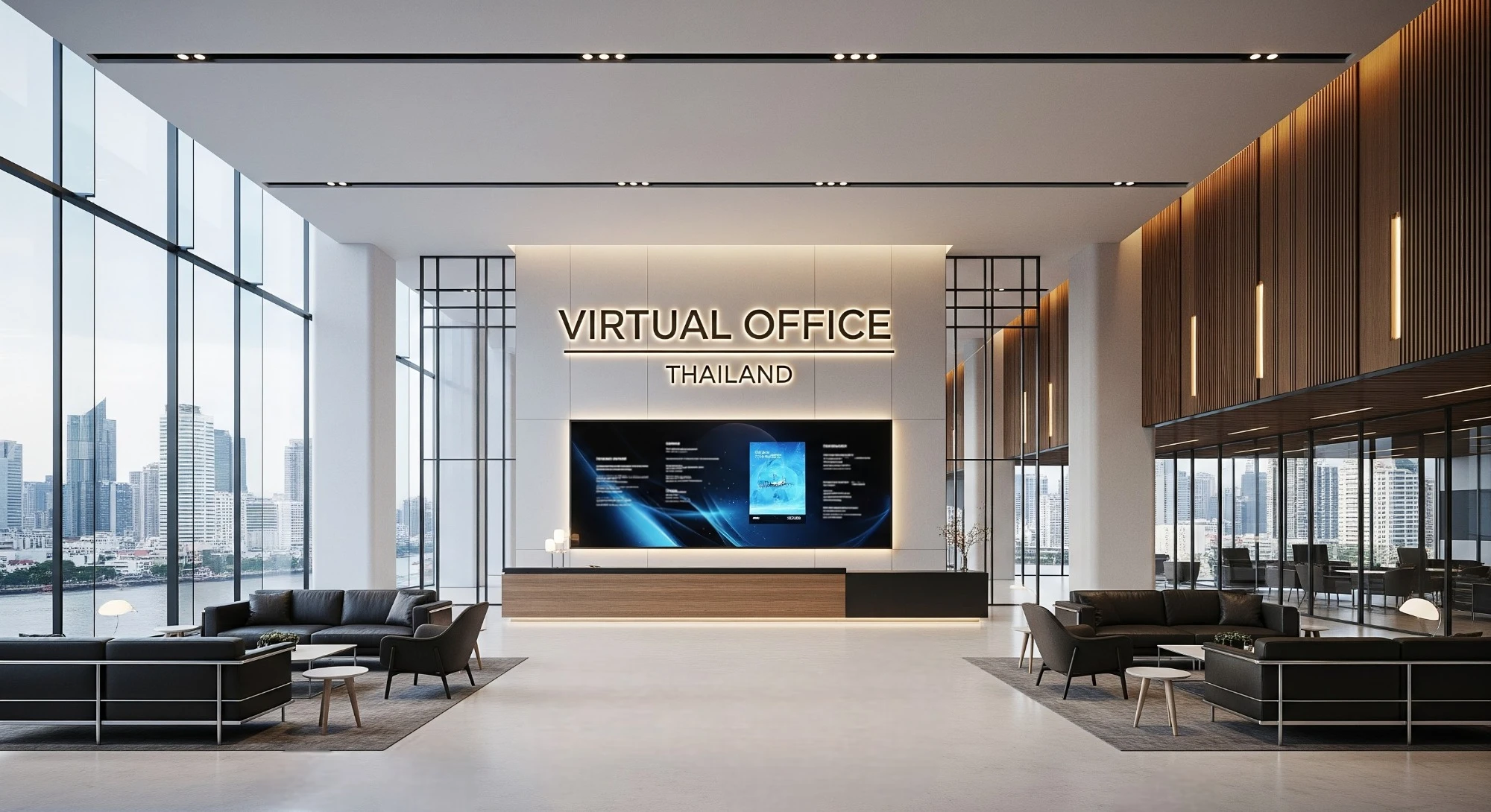Modern corporate virtual office lobby in Bangkok with business signage