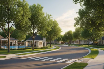 Walkable neighborhood with sidewalks, trees, and a community park