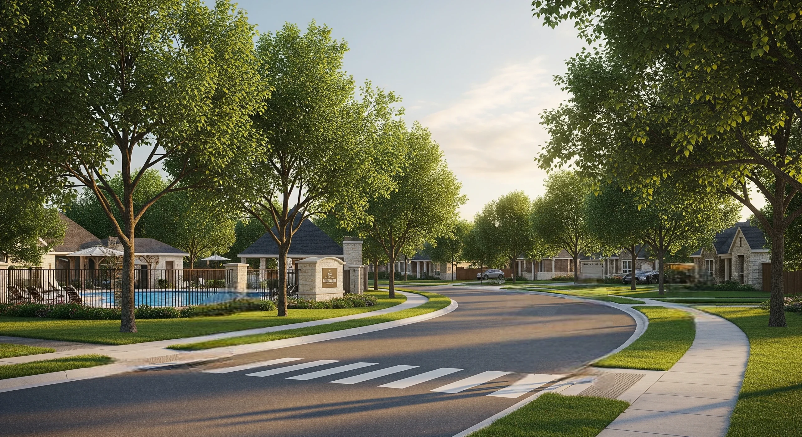 Walkable neighborhood with sidewalks, trees, and a community park