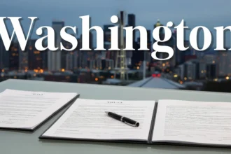 Estate planning documents on a desk with Seattle skyline in the background